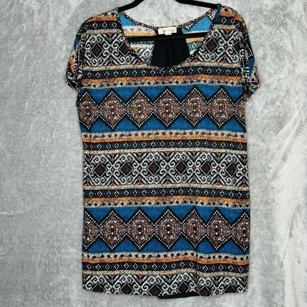 Lavish XL Shirt Top Blue Orange Striped Aztec Cap Sleeve Scoop Neck Stretch